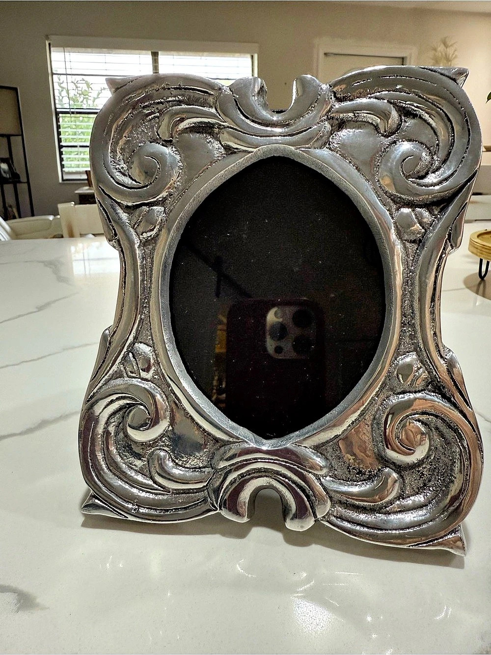 Ornate Silver-Tone Oval Picture Frame Spanish Colonial Style